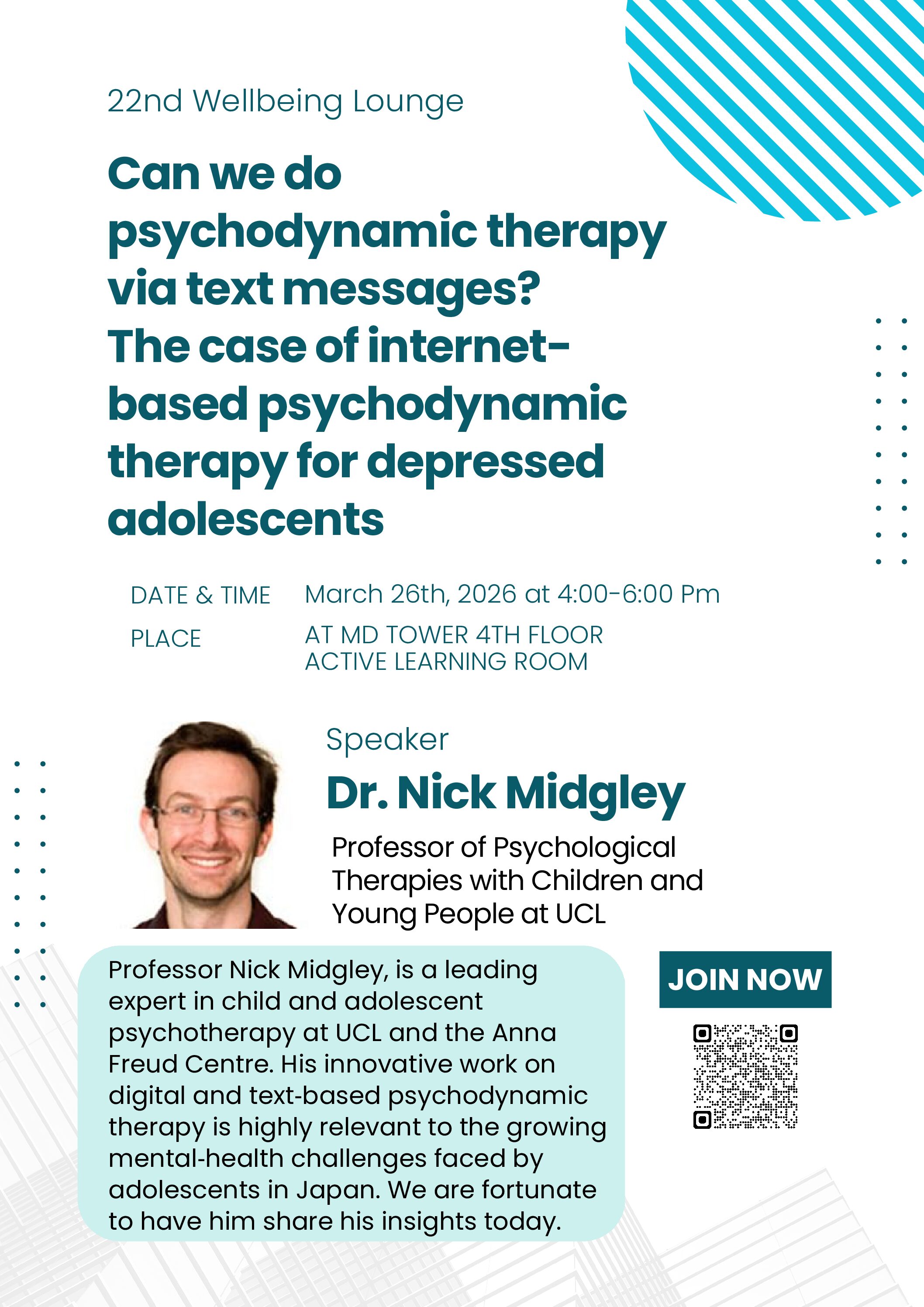 （お知らせ）第22回ウェルビーイングラウンジ開催決定　22nd wellbeing lounge: Can we do psychodynamic therapy via text messages? The case of internet based psychodynamic therapy for depressed adolescents